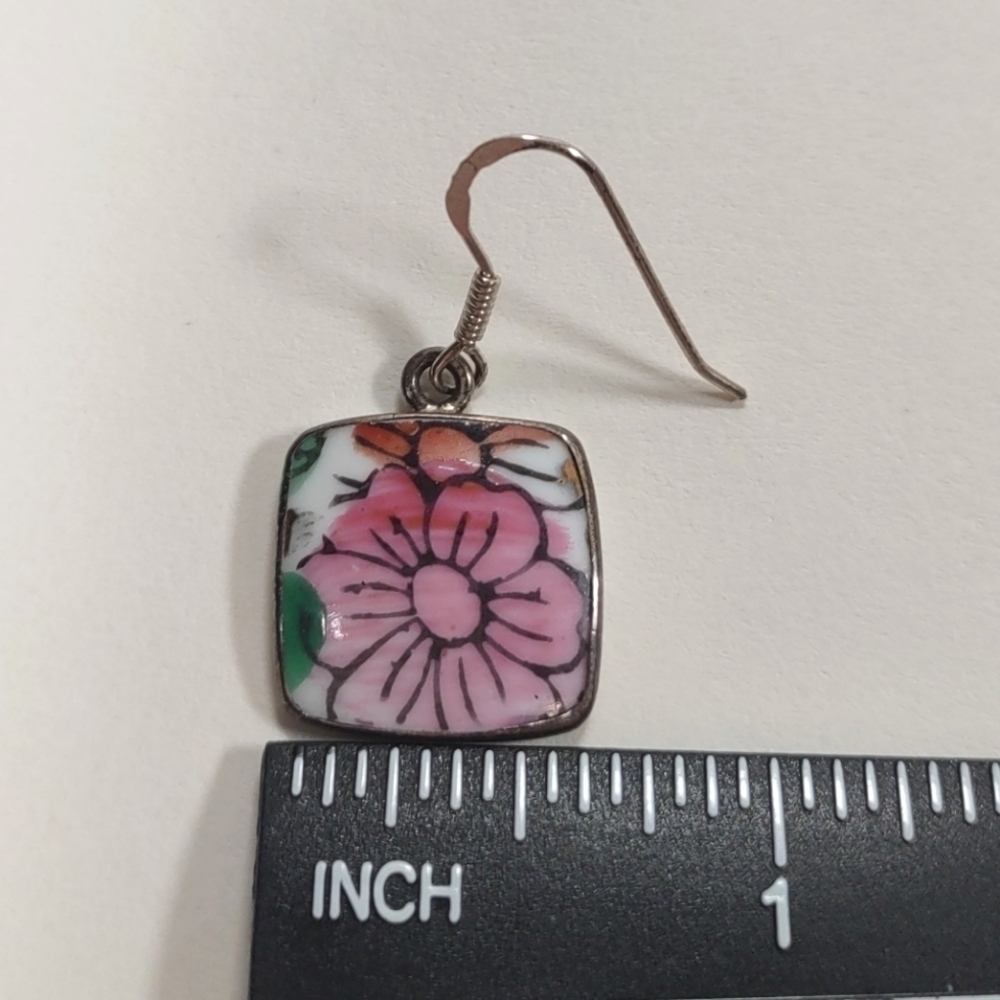 Vintage Ming Dynasty Pink Floral Porcelain Sterling Silver Fishhook Earrings - Picture 7 of 8